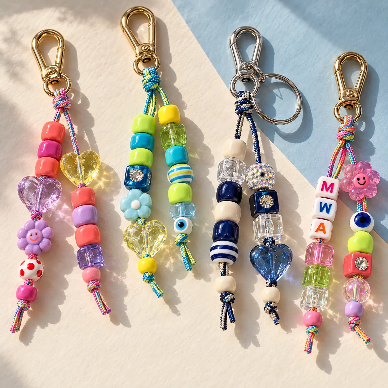 corded keychains and bag charms with letters, shapes, and colorful beads