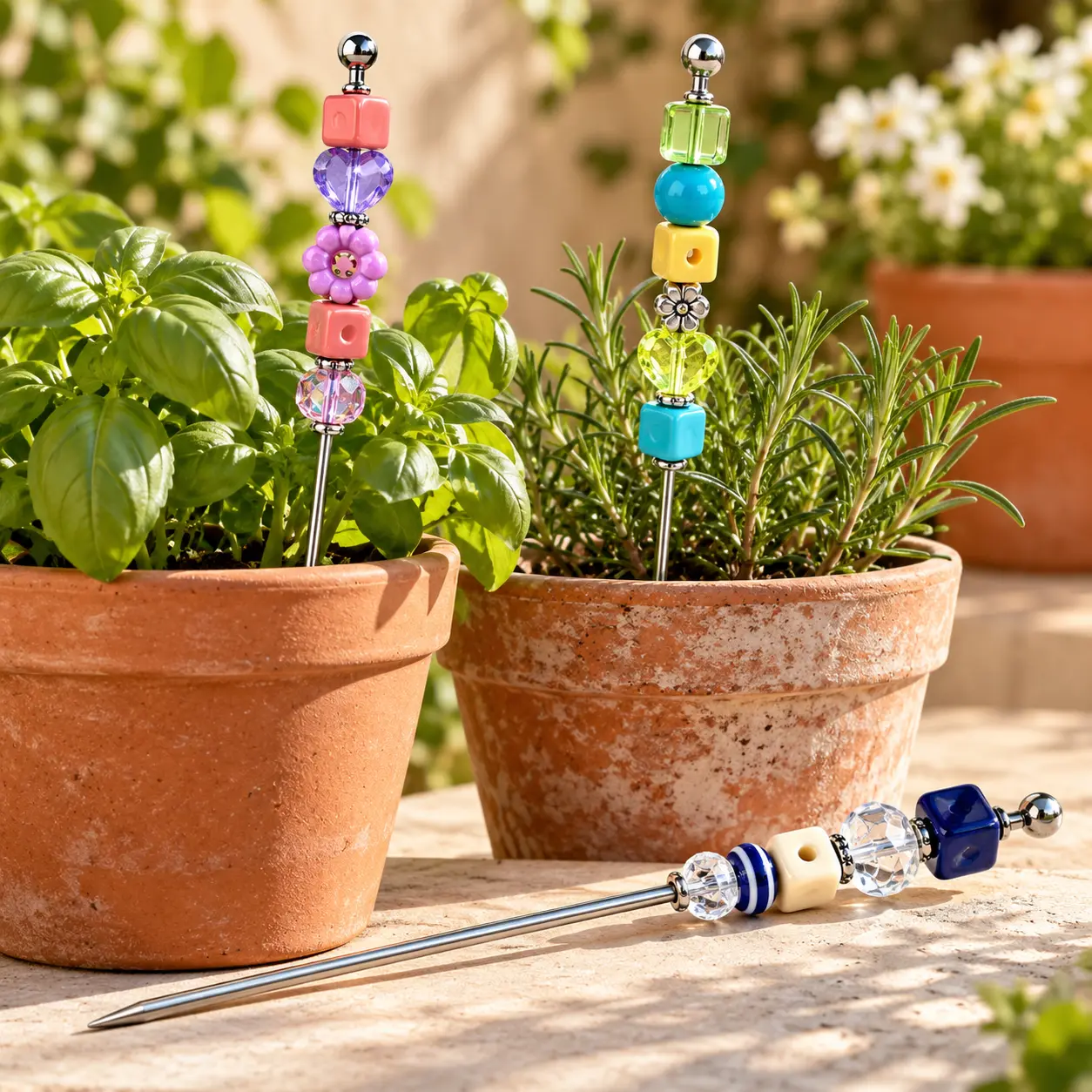 decorative beaded stakes in potted herbs