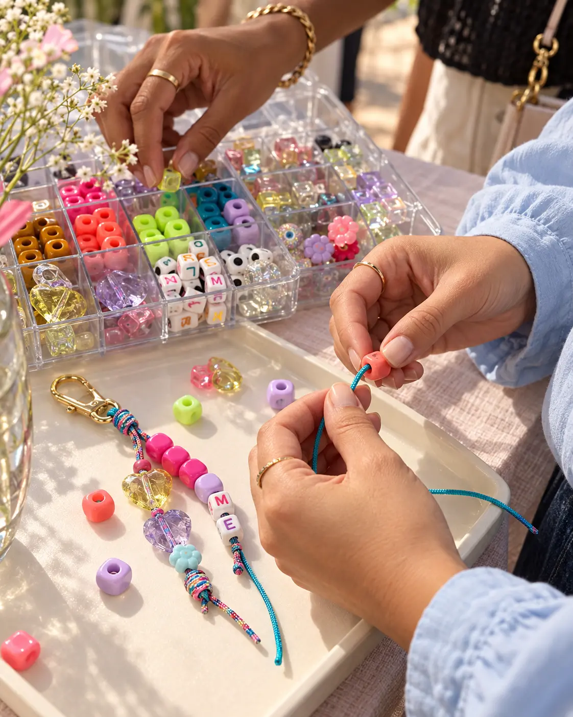 close-up of hands threading beads onto a cord beside colorful trays