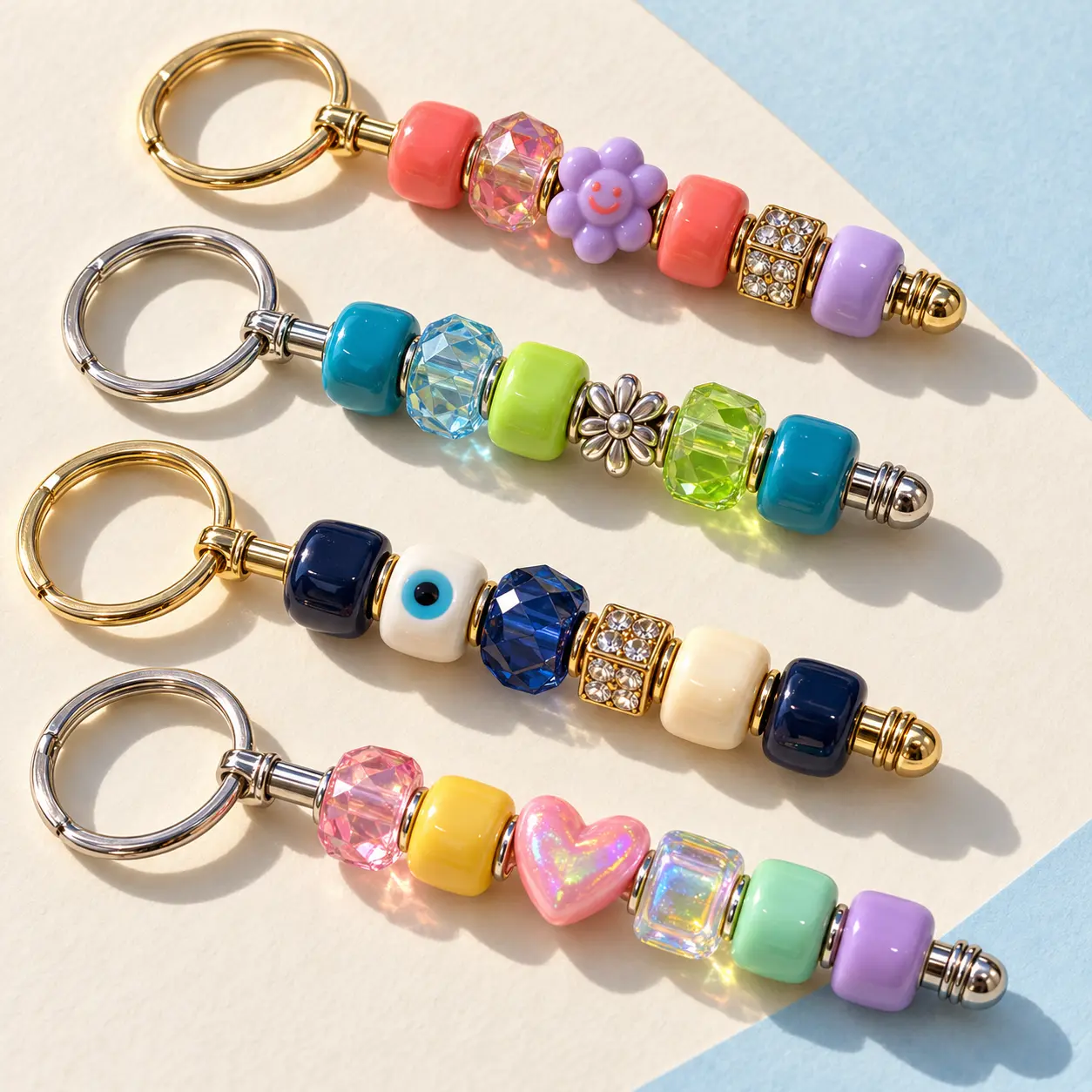 four colorful beaded rod keychains on structured metal bases