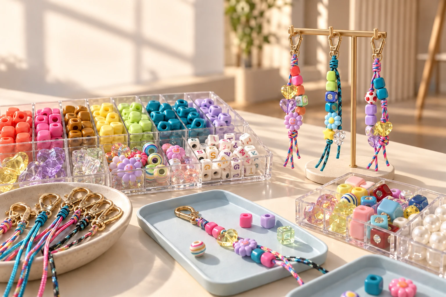 Organized bead bar with colorful trays and finished keychains