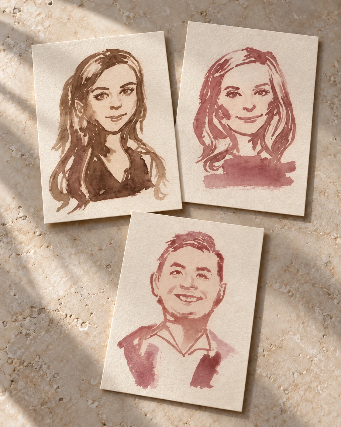 Portraits on paper painted in warm wine and coffee tones