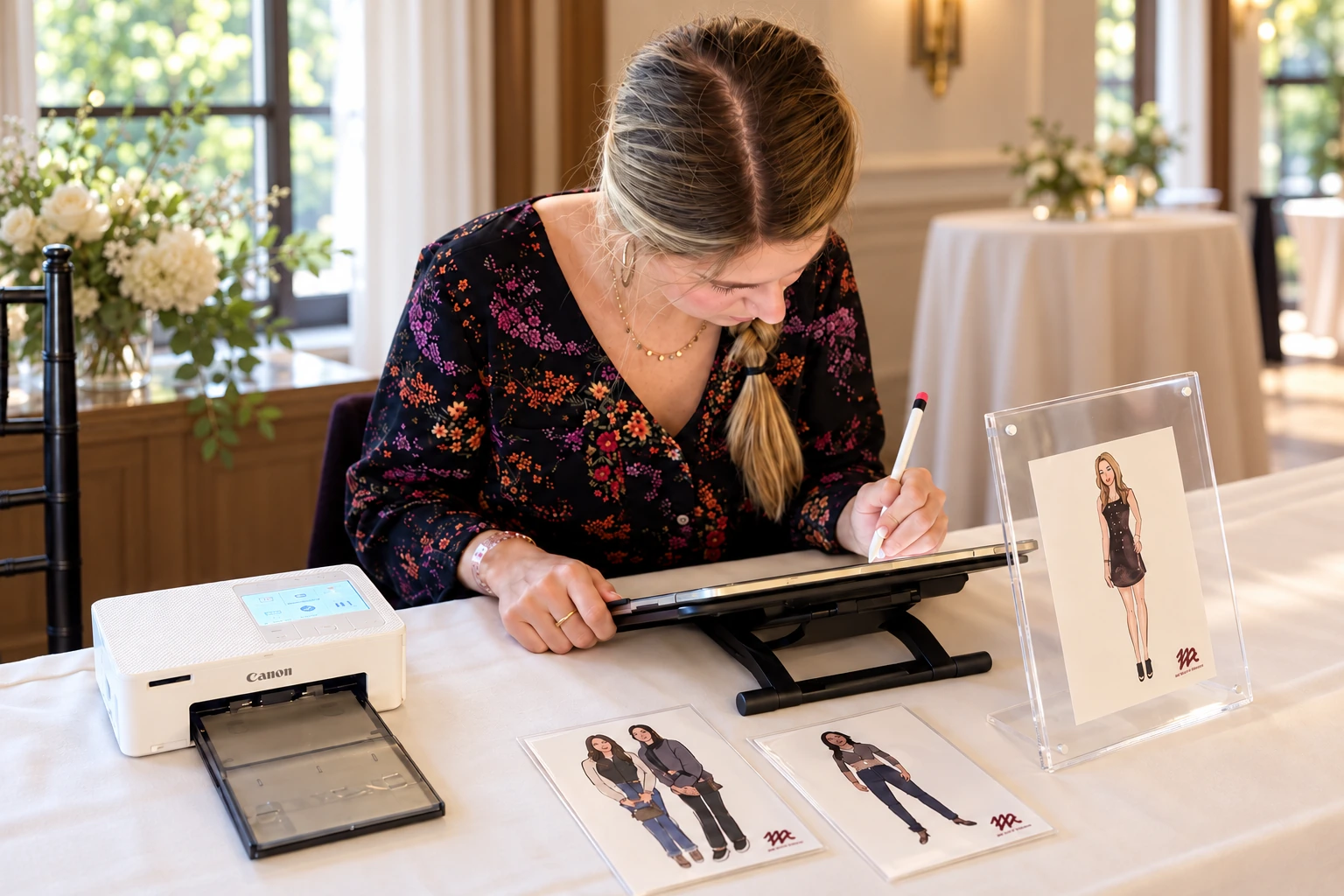 Artist drawing on a tablet beside a printer and finished fashion portrait cards