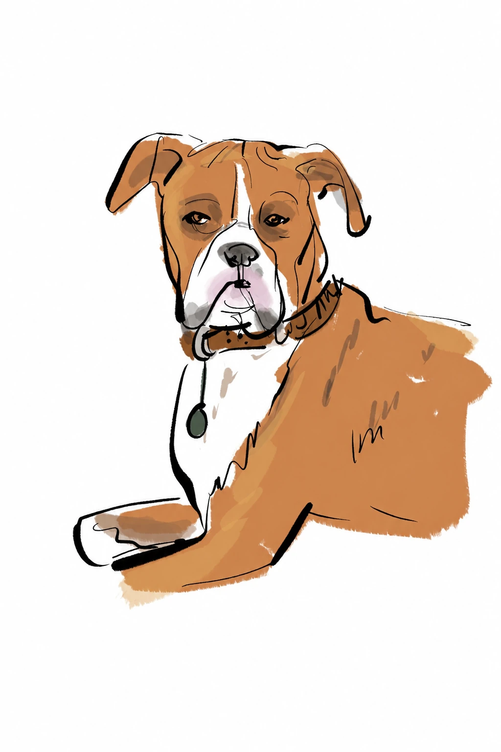 Digital portrait of a reclining brown and white dog