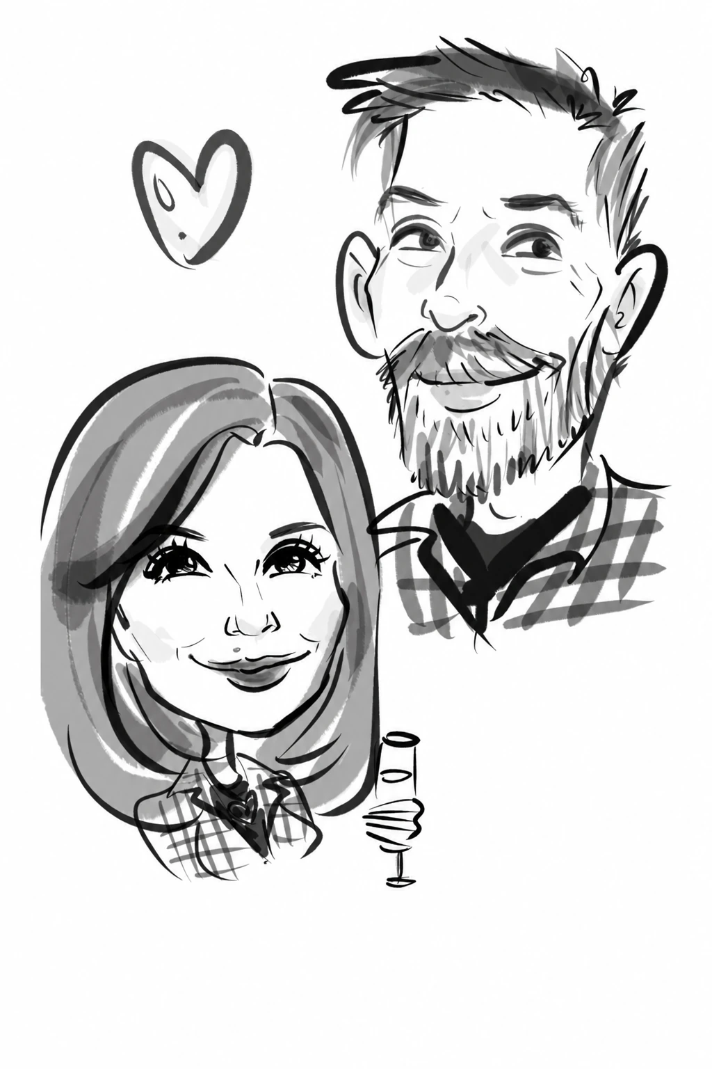Black-and-white digital couple portrait with a heart and champagne flute