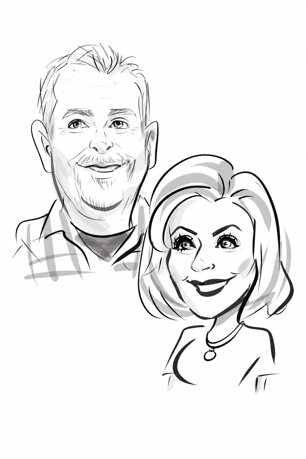 Black-and-white digital portrait of a smiling man and woman