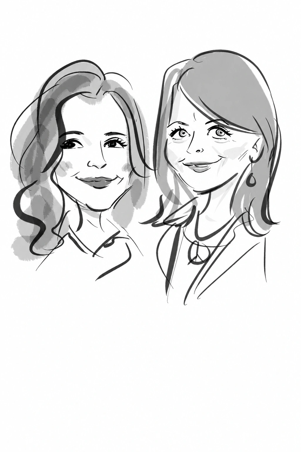 Black-and-white digital portrait of two smiling women