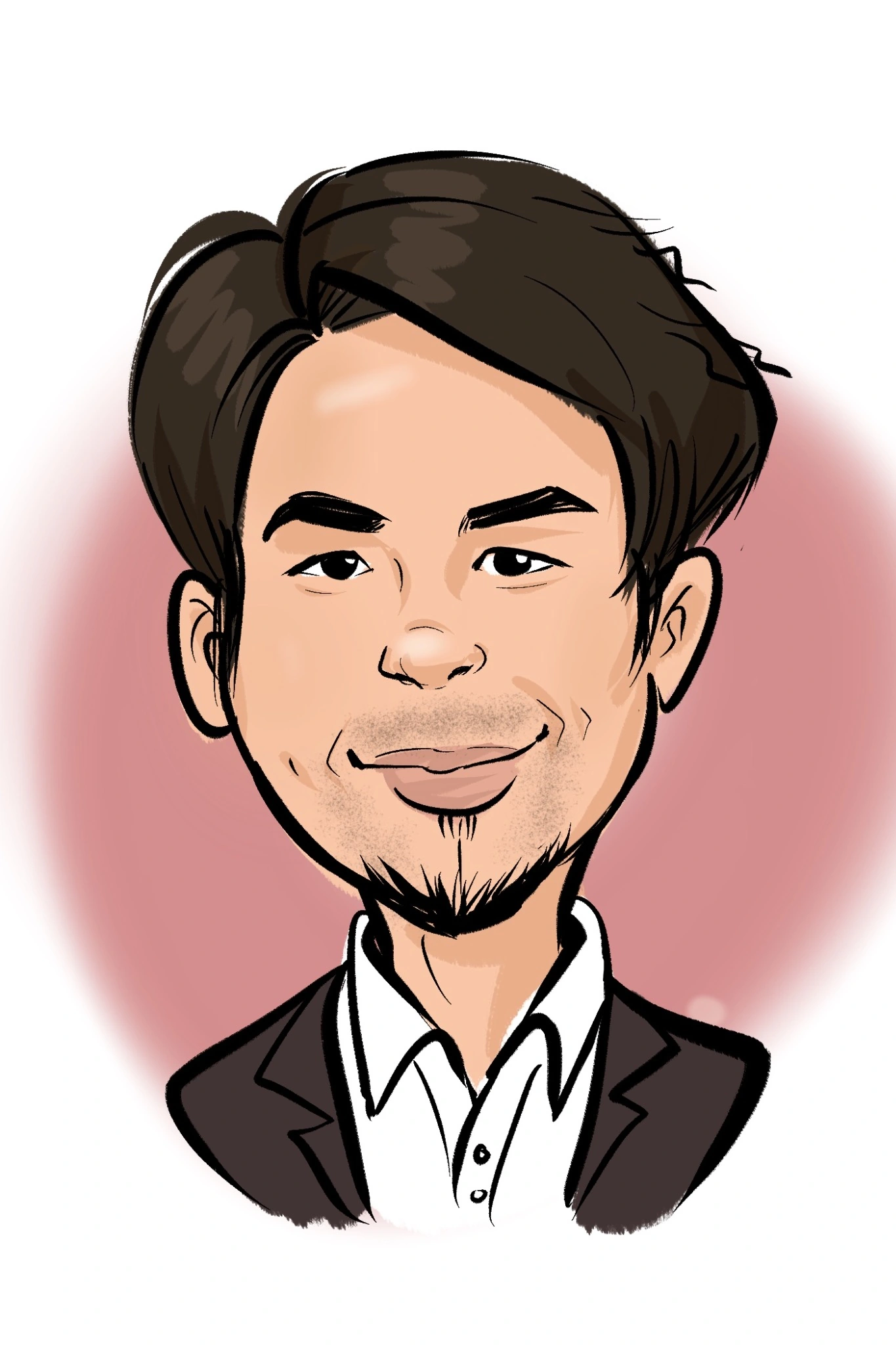 Digital caricature of a man in a dark suit with a warm pink background