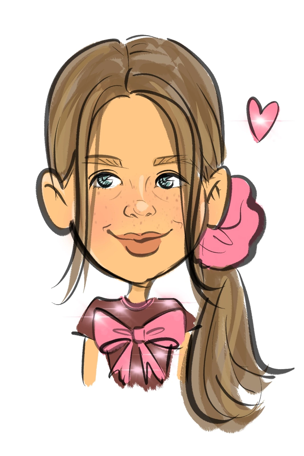 Color digital child caricature with a ponytail, bow and small heart