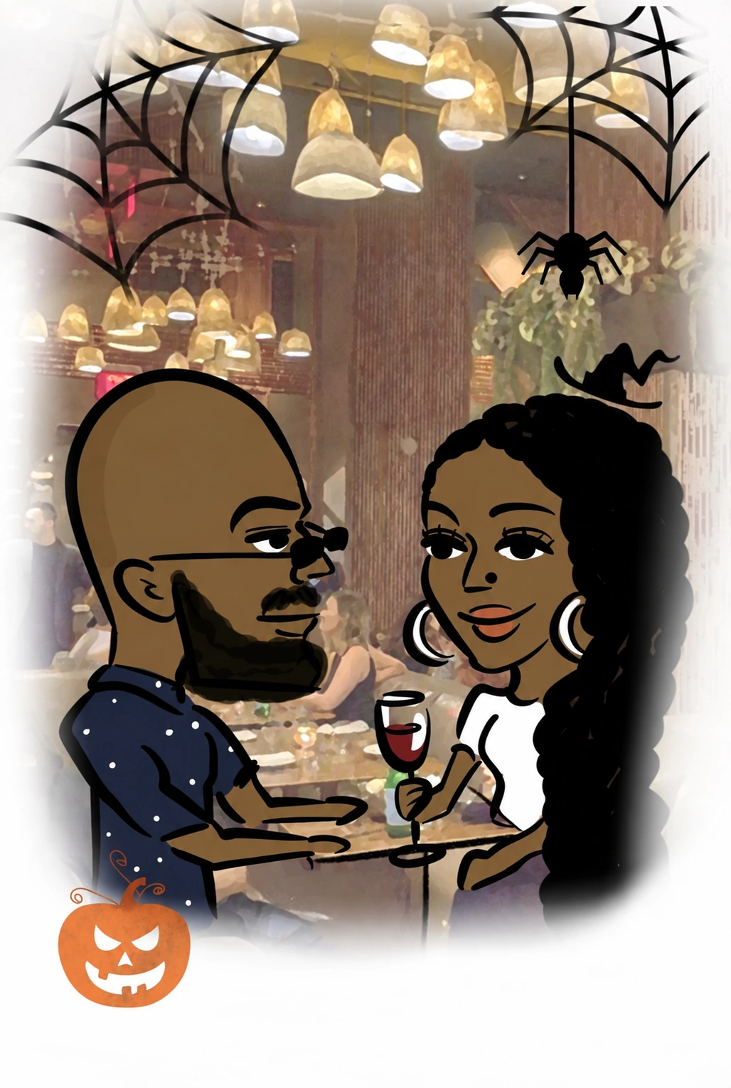 Digital couple caricature with a custom Halloween restaurant background
