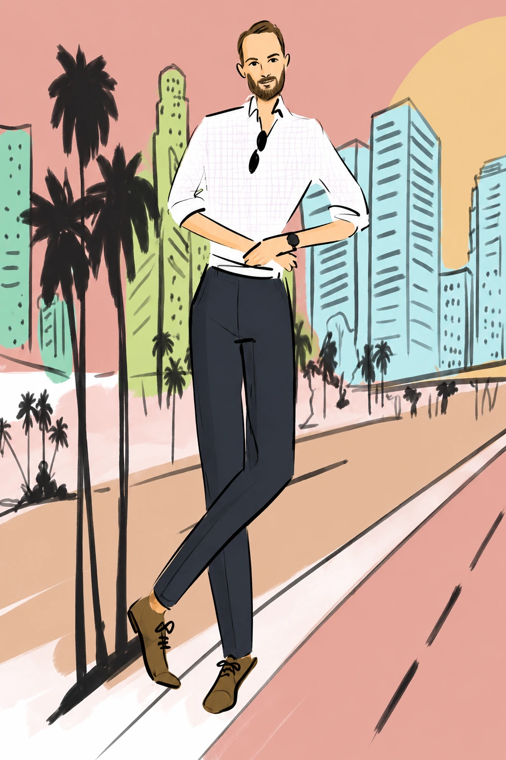 A single fashion sketch of a man with a custom pink city and palm-tree background