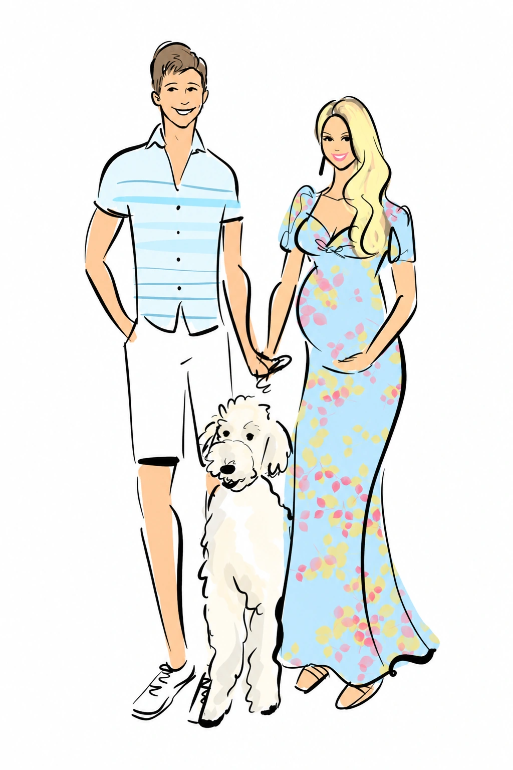 Digital family portrait of a couple holding hands beside their fluffy white dog