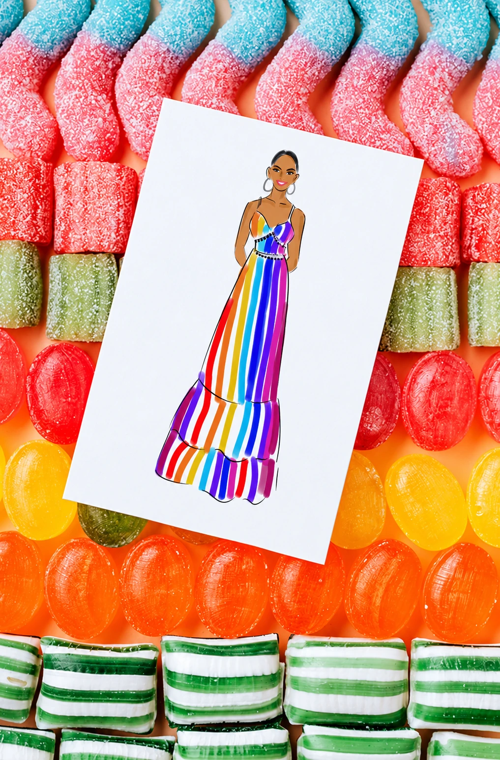 Fashion portrait card styled on a colorful candy backdrop