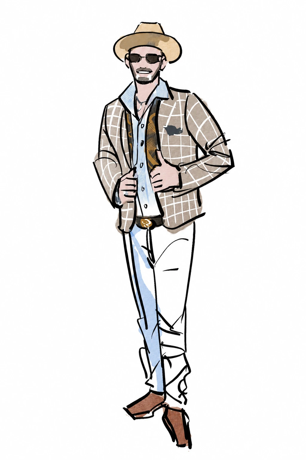 Digital fashion sketch of a man in a plaid jacket, hat and sunglasses