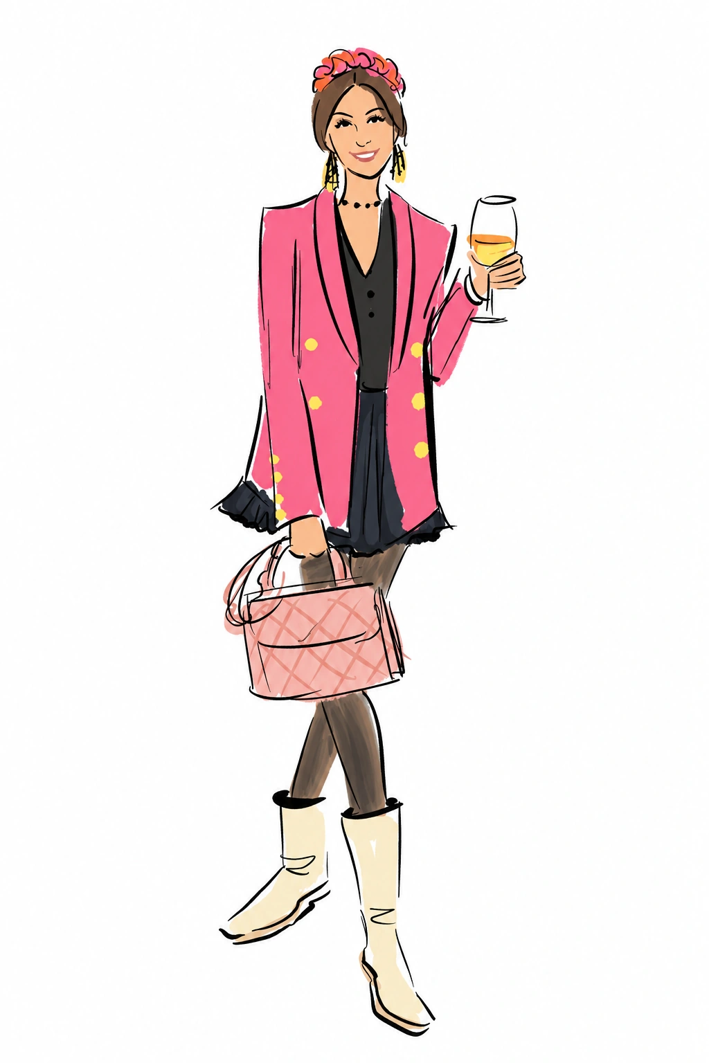 Digital fashion sketch of a smiling woman in a pink jacket and cowboy boots holding a drink