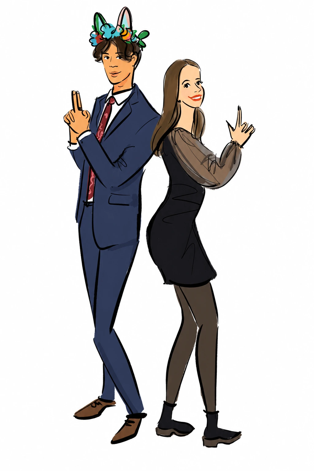 Digital fashion sketch of a couple in a playful back-to-back pose, with a whimsical headband and expressive hand gestures
