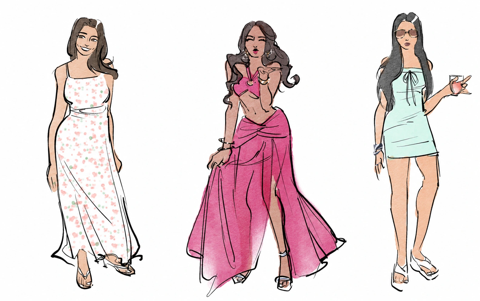 Digital fashion illustration of a woman in a flowing magenta gown