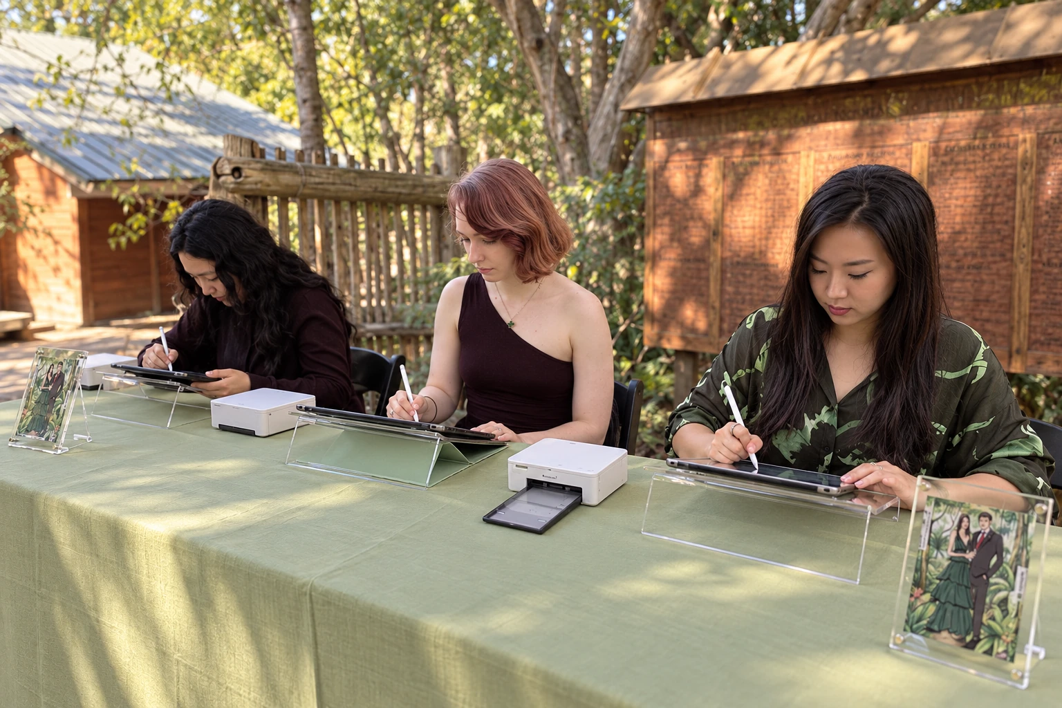 Three artists sketching guests on tablets with printers at an outdoor event station