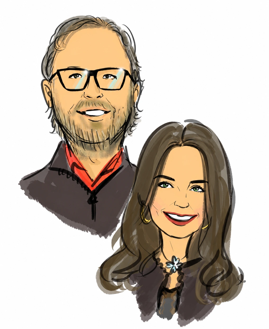 Digital head portraits of a man in glasses and a woman with long dark hair