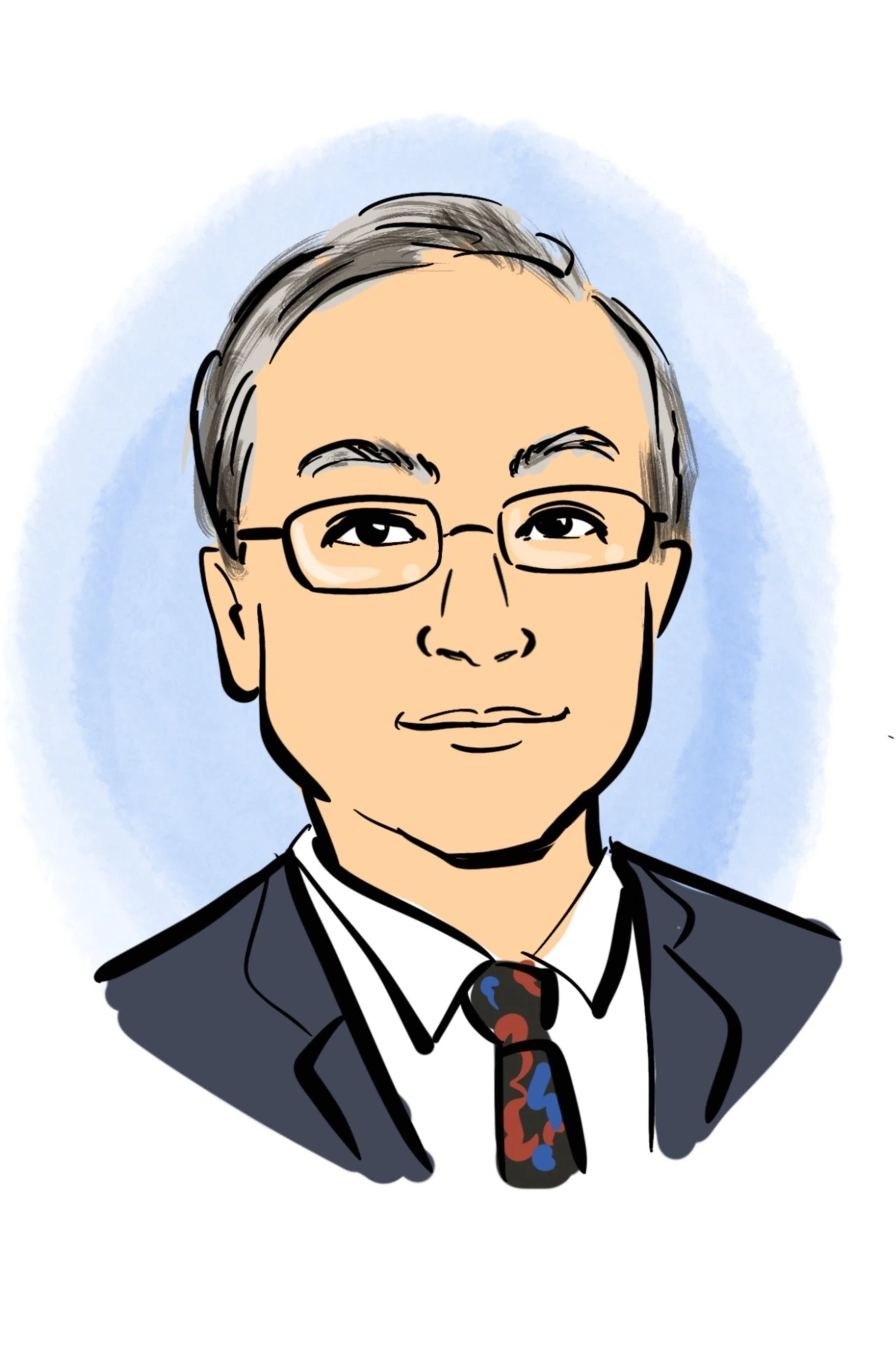 Digital portrait of a gray-haired man with glasses and a patterned tie