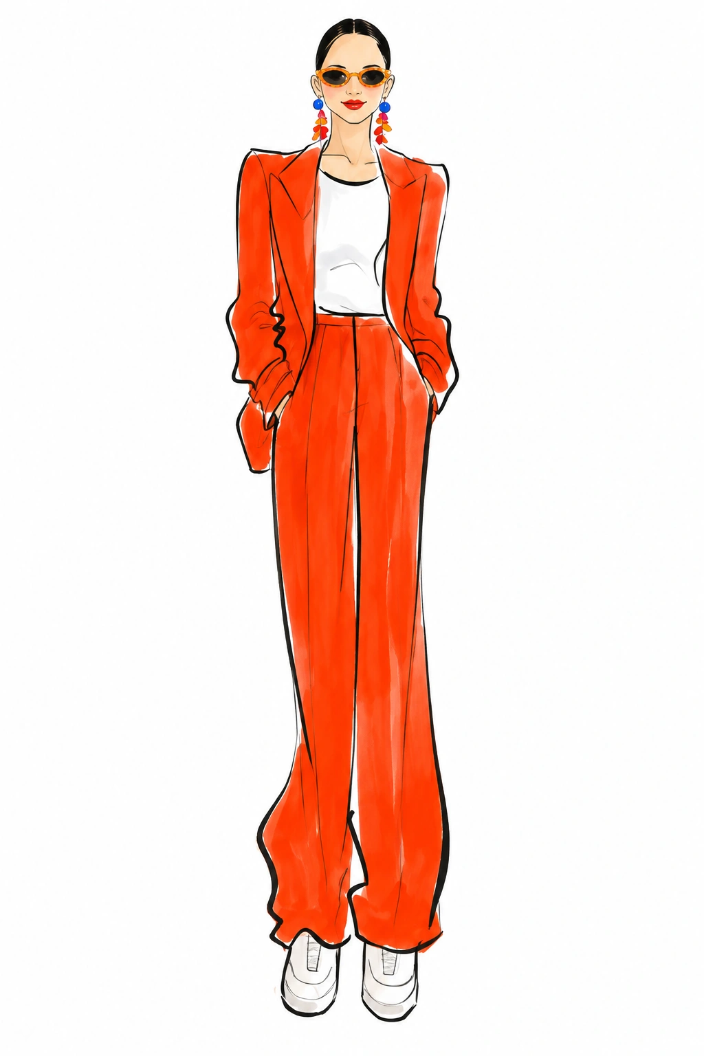 Digital fashion illustration of a woman in a red-orange pantsuit, sunglasses and colorful earrings