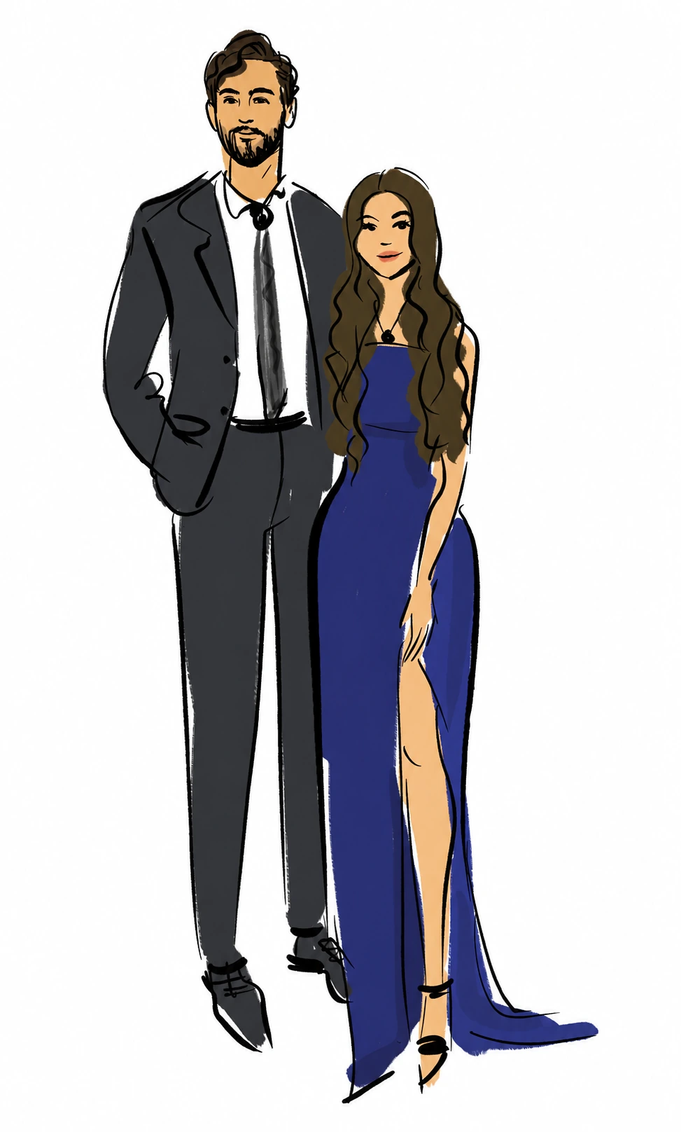 Digital fashion sketch of a couple in a dark suit and a flowing blue gown