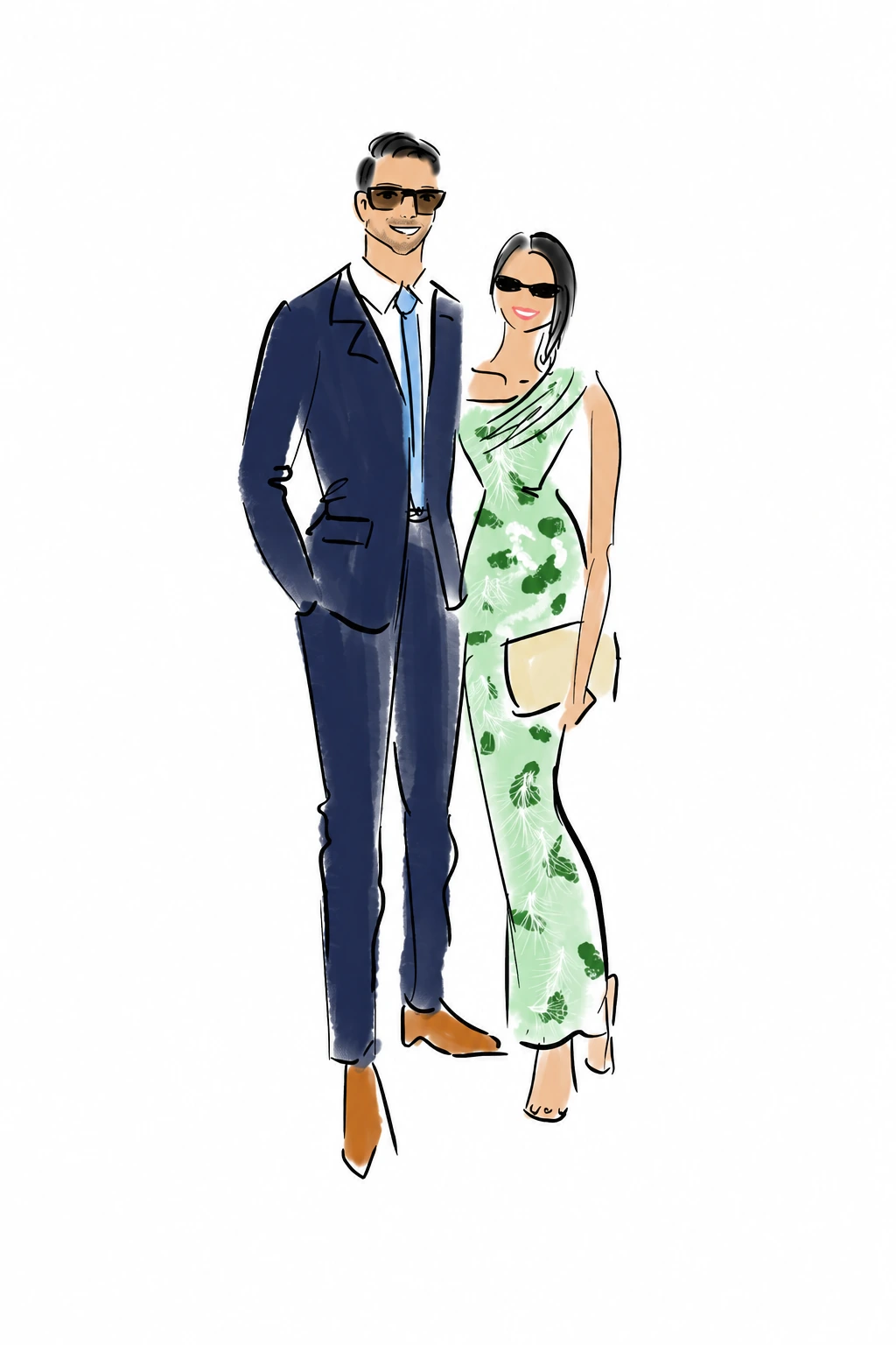 Digital couple fashion sketch with a navy suit and mint floral dress