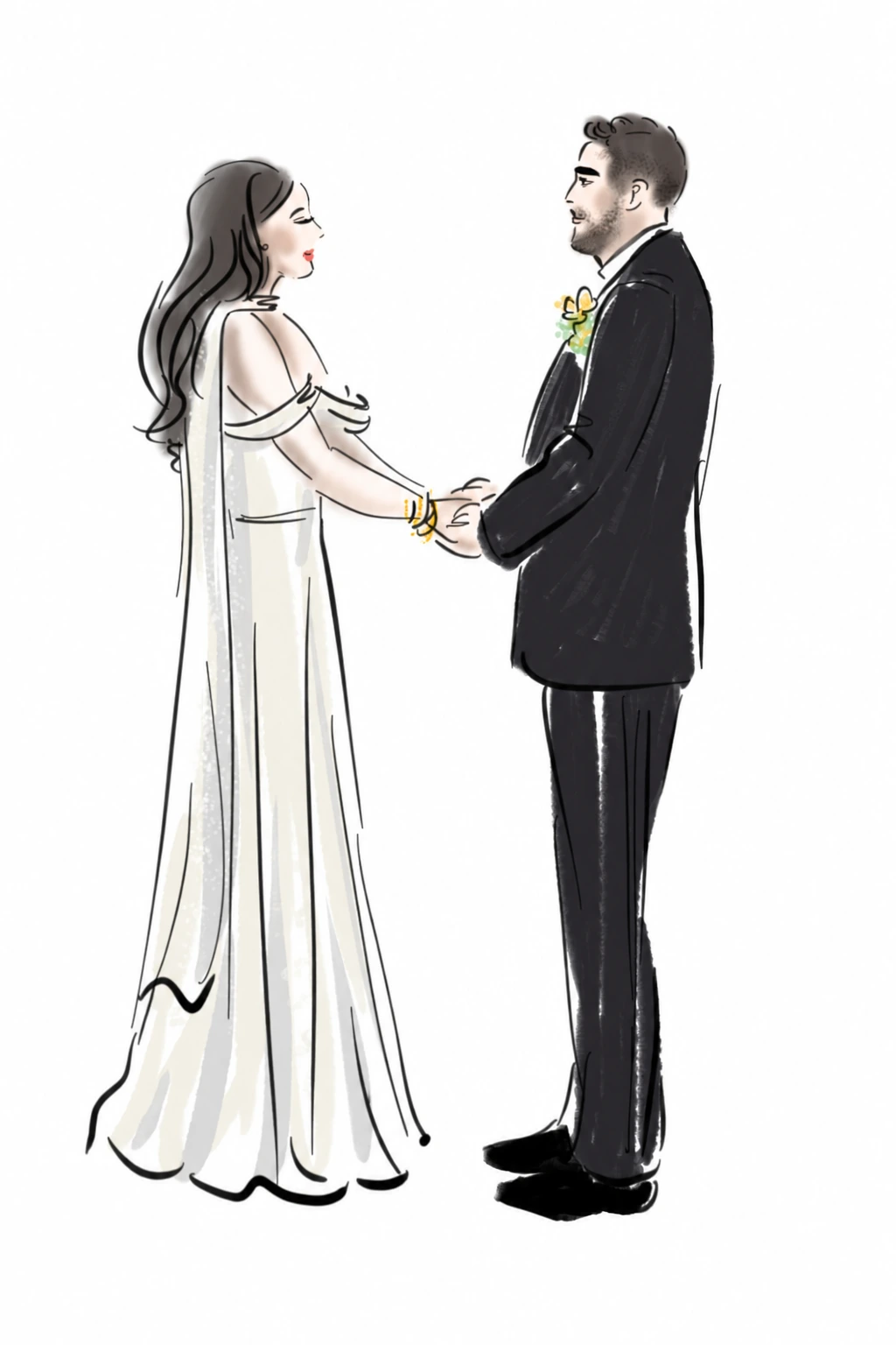 Digital fashion wedding sketch of a bride and groom holding hands