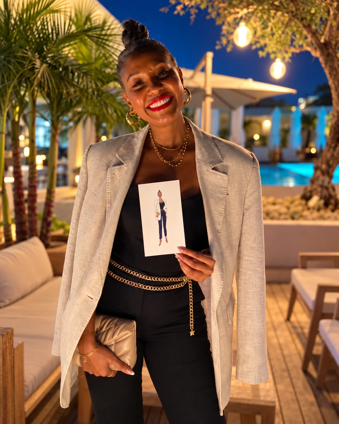 Guest holding her printed fashion illustration