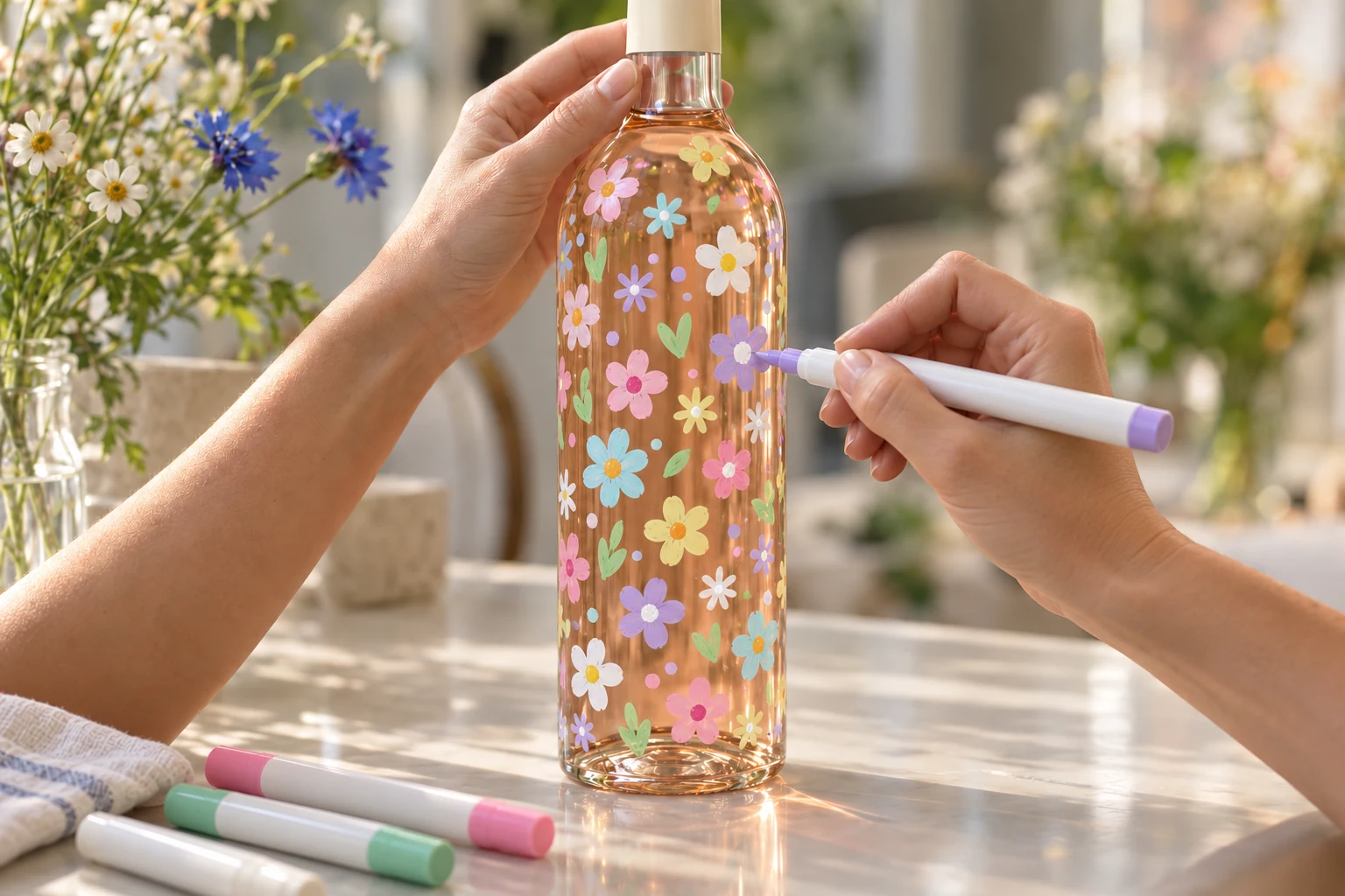 Artist adding colorful flower doodles to a glass bottle