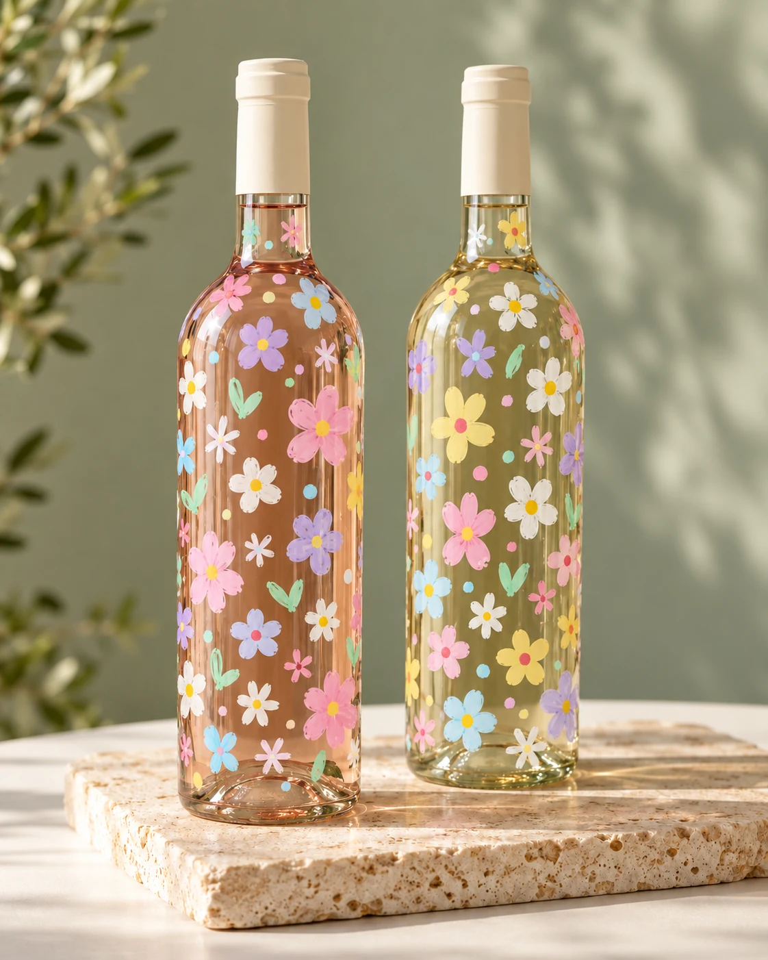 Two glass bottles decorated with simple colorful flower paintings