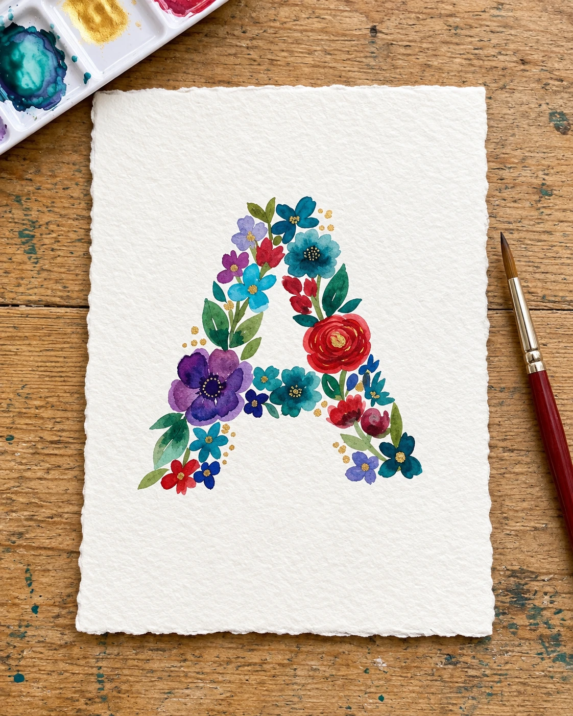 Floral watercolor initial A