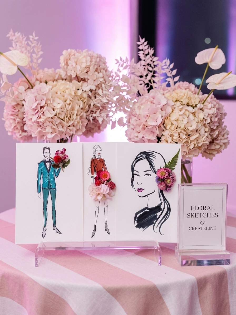 Flower portrait display with real floral arrangements at an event