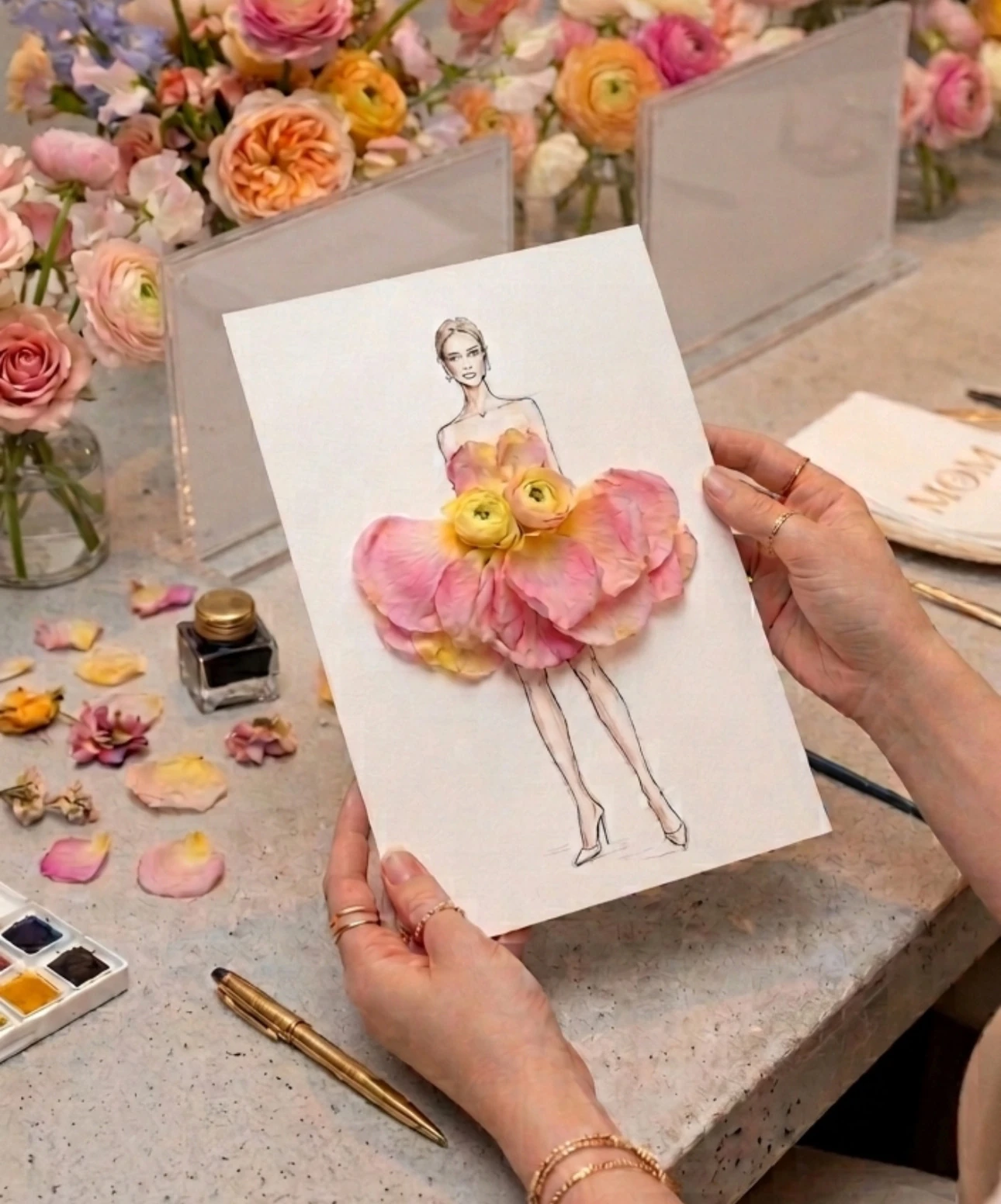 Hands holding a fashion sketch with a dress made from real pink and yellow petals