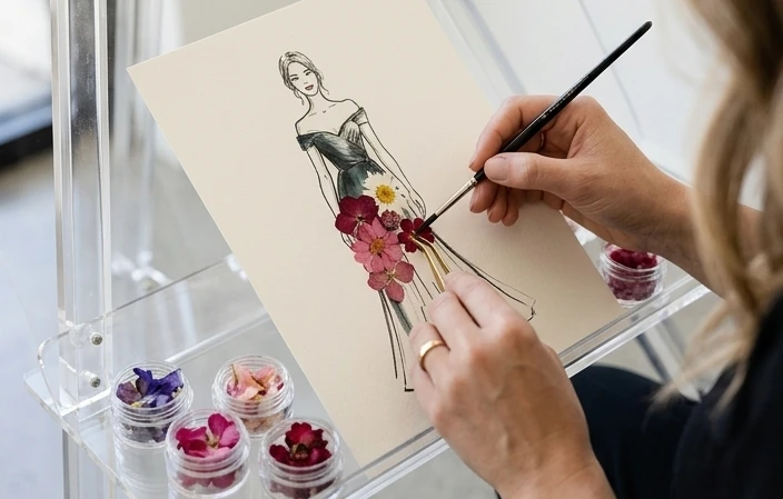 Artist adding real flowers to a hand-drawn fashion portrait