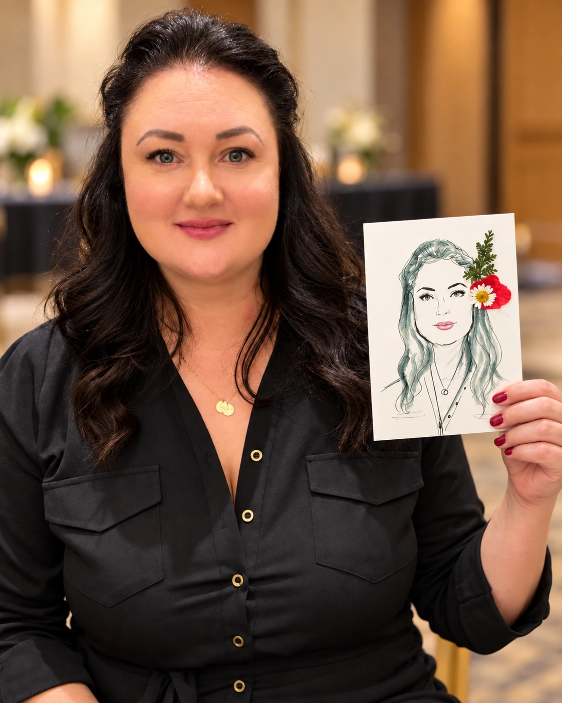 Guest holding a portrait embellished with red and white flowers