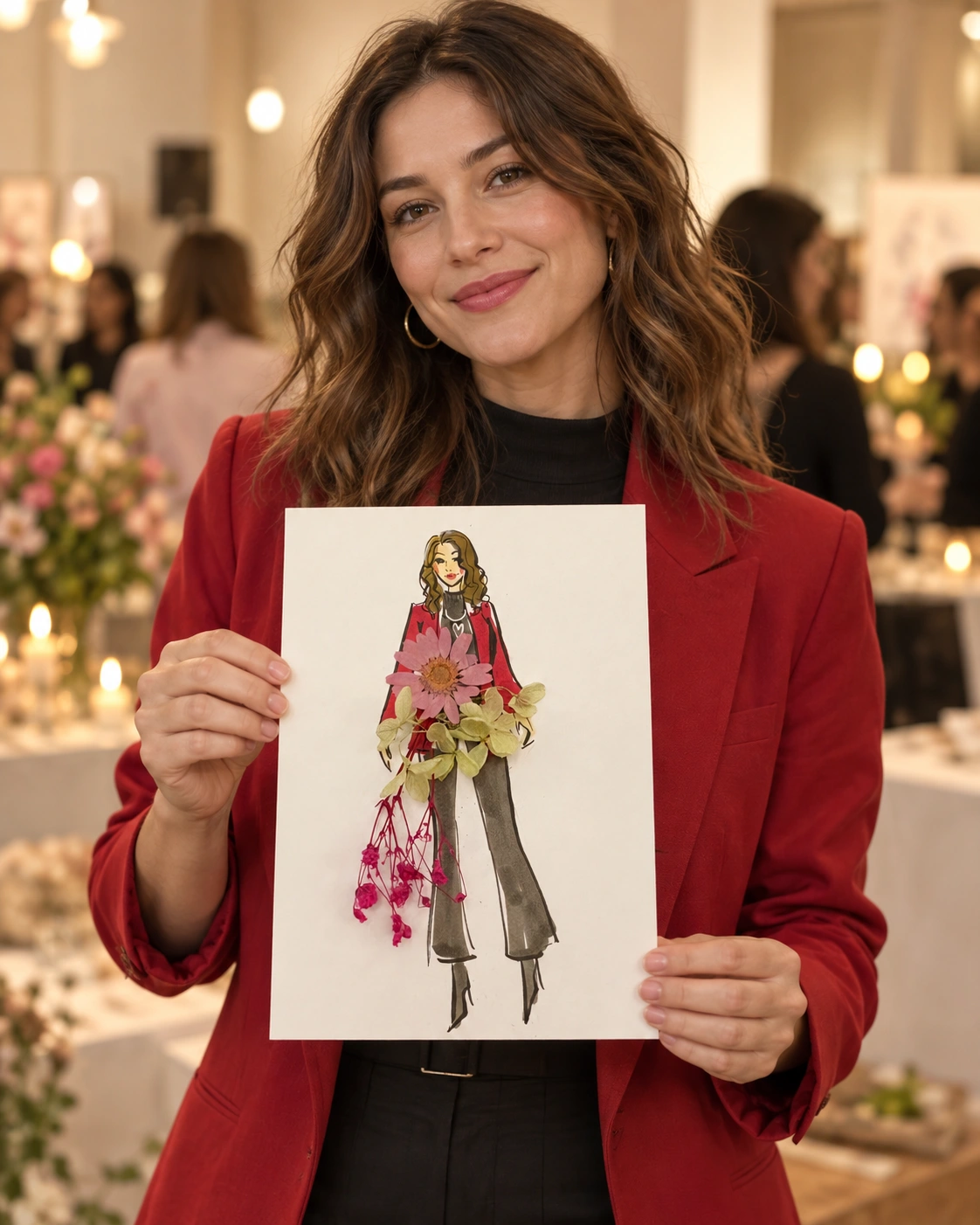 Guest in a red jacket holding a flower-embellished fashion portrait