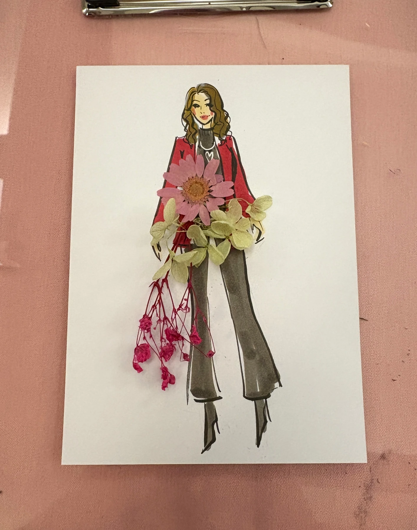 Original red-jacket fashion portrait with pink flowers and greenery