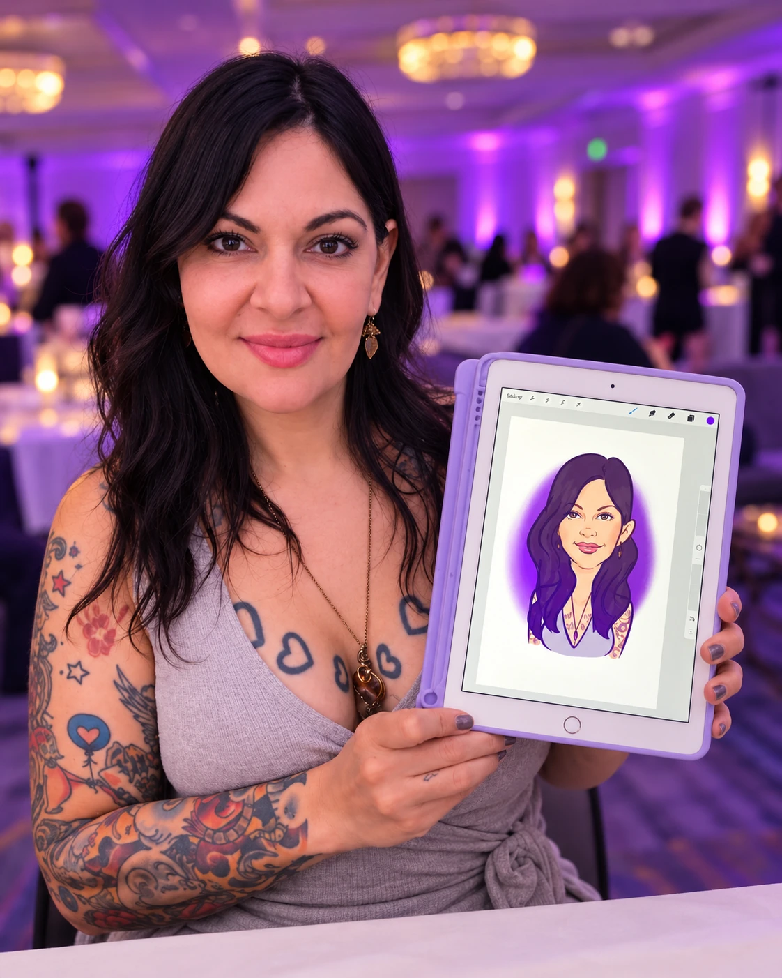 Guest showing a digital caricature on a tablet