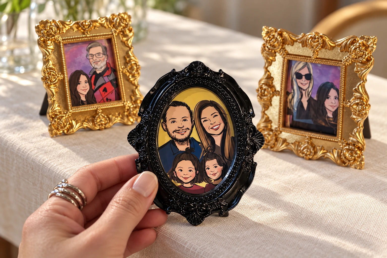 Family and couple portraits in small ornate black and gold frames
