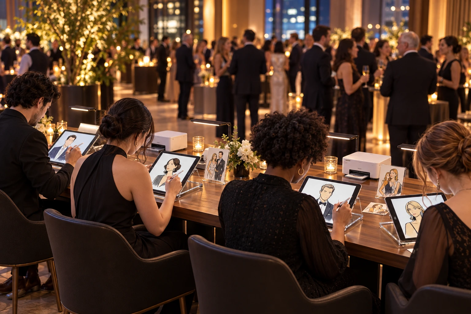 Illustrative view of four artists sketching on tablets at a large event station