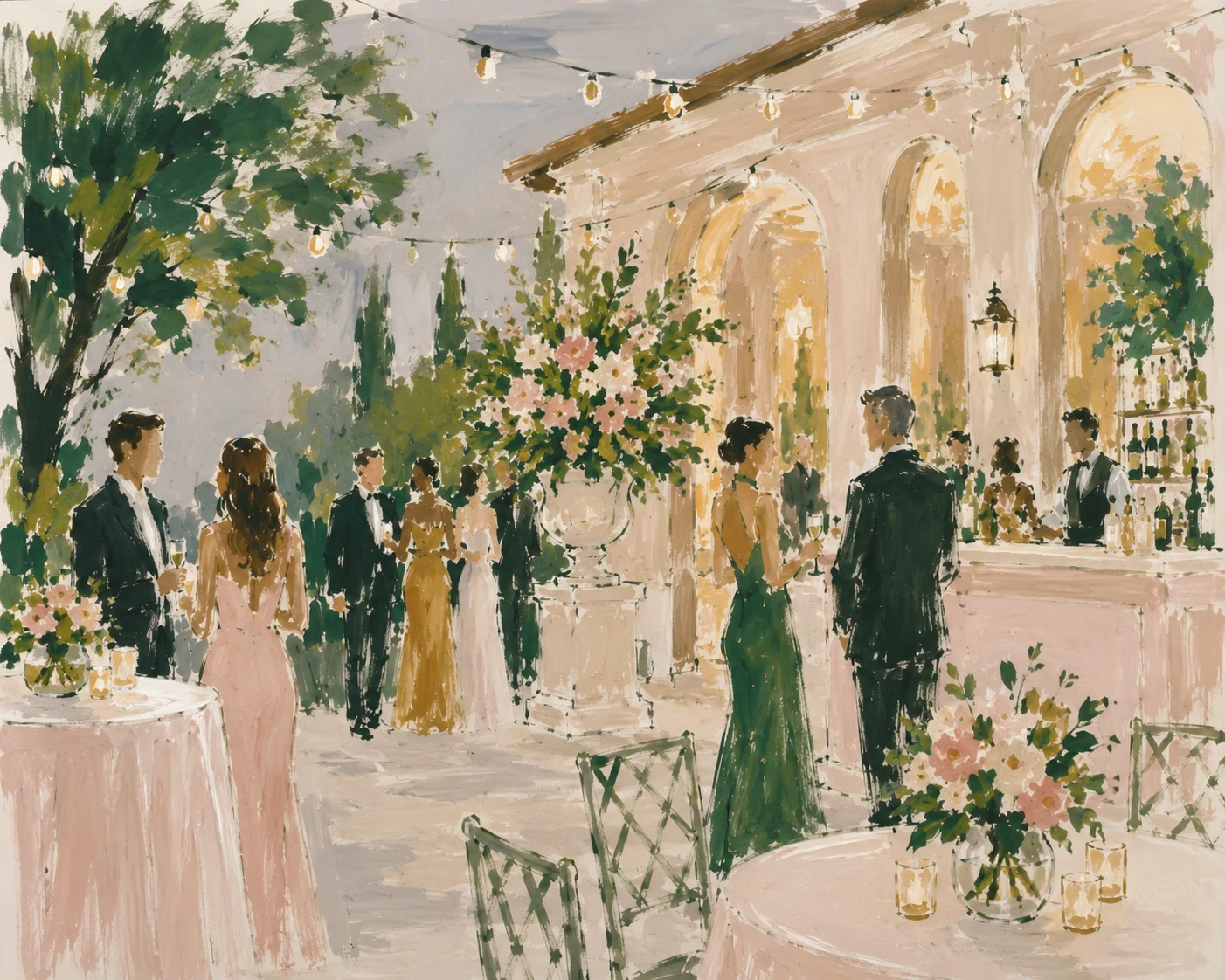 Loose brushwork capturing an evening garden reception