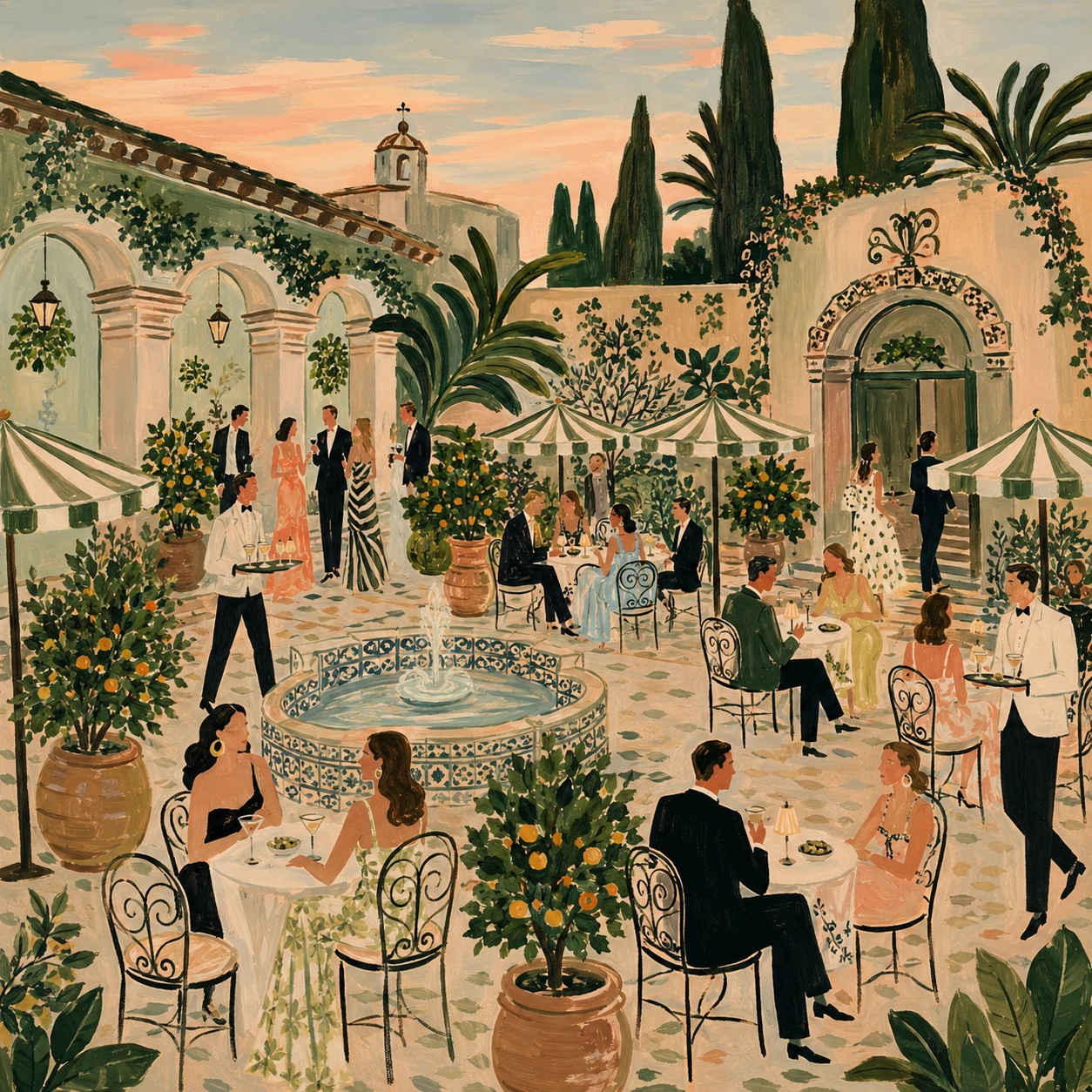 Expressive painting of a Mediterranean courtyard reception at sunset