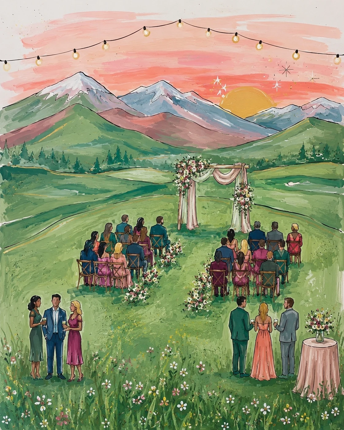 A mountain garden wedding scene with a pink sky and string lights