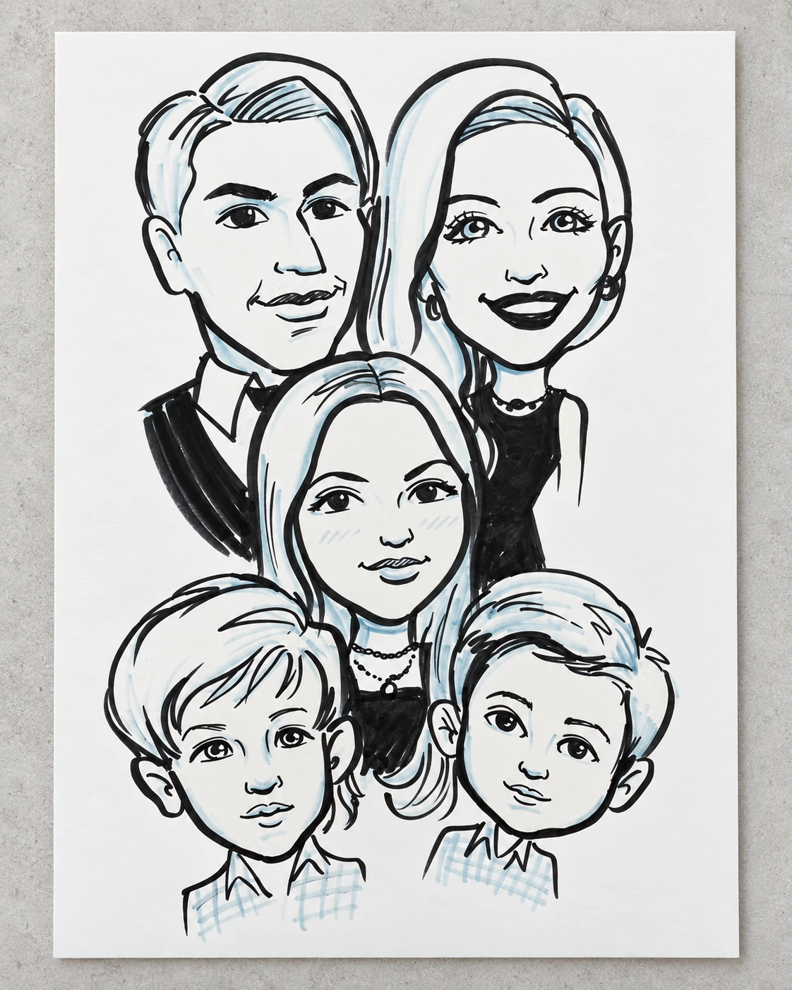 Hand-drawn caricature of a family of five on paper