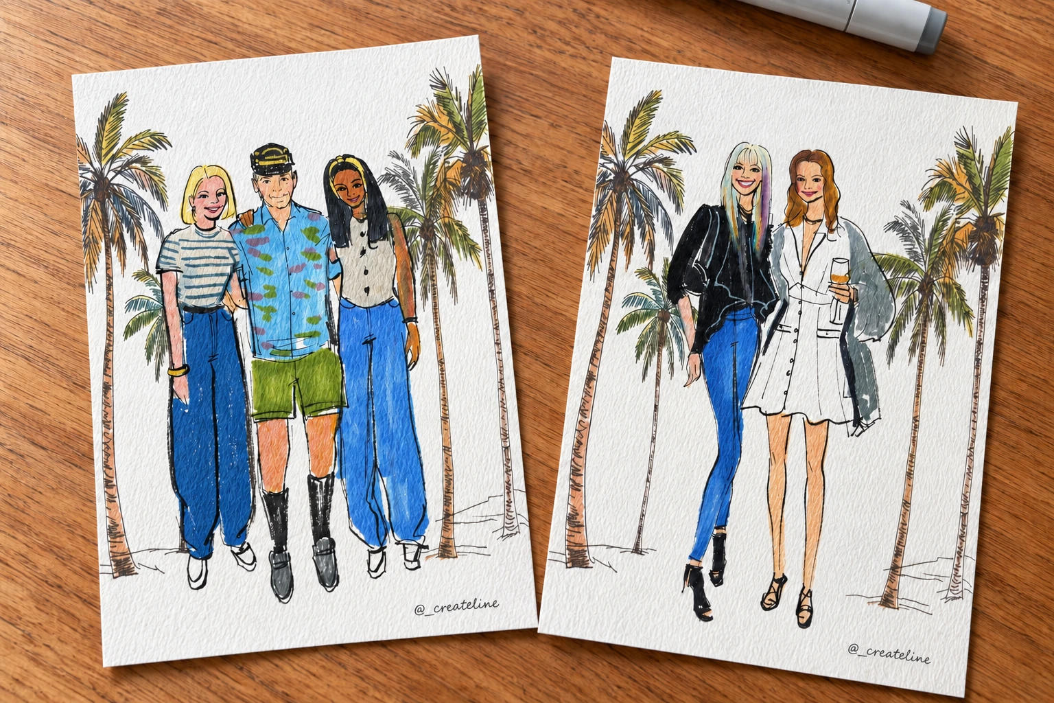 Two original hand-painted fashion sketch cards with palm trees, photographed on a wood table; client logos removed