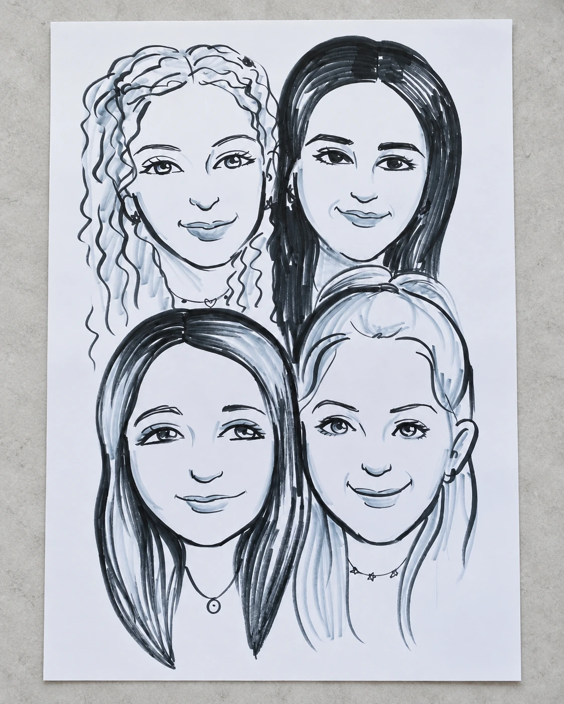 Four friends in one hand-drawn paper portrait