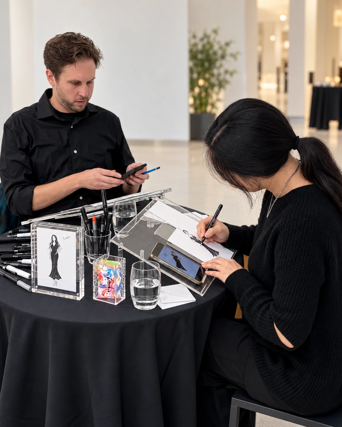 Artists creating guest sketches directly on paper at an event