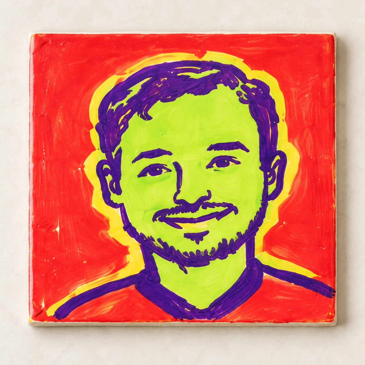 Upright single hand-painted portrait tile of an adult man