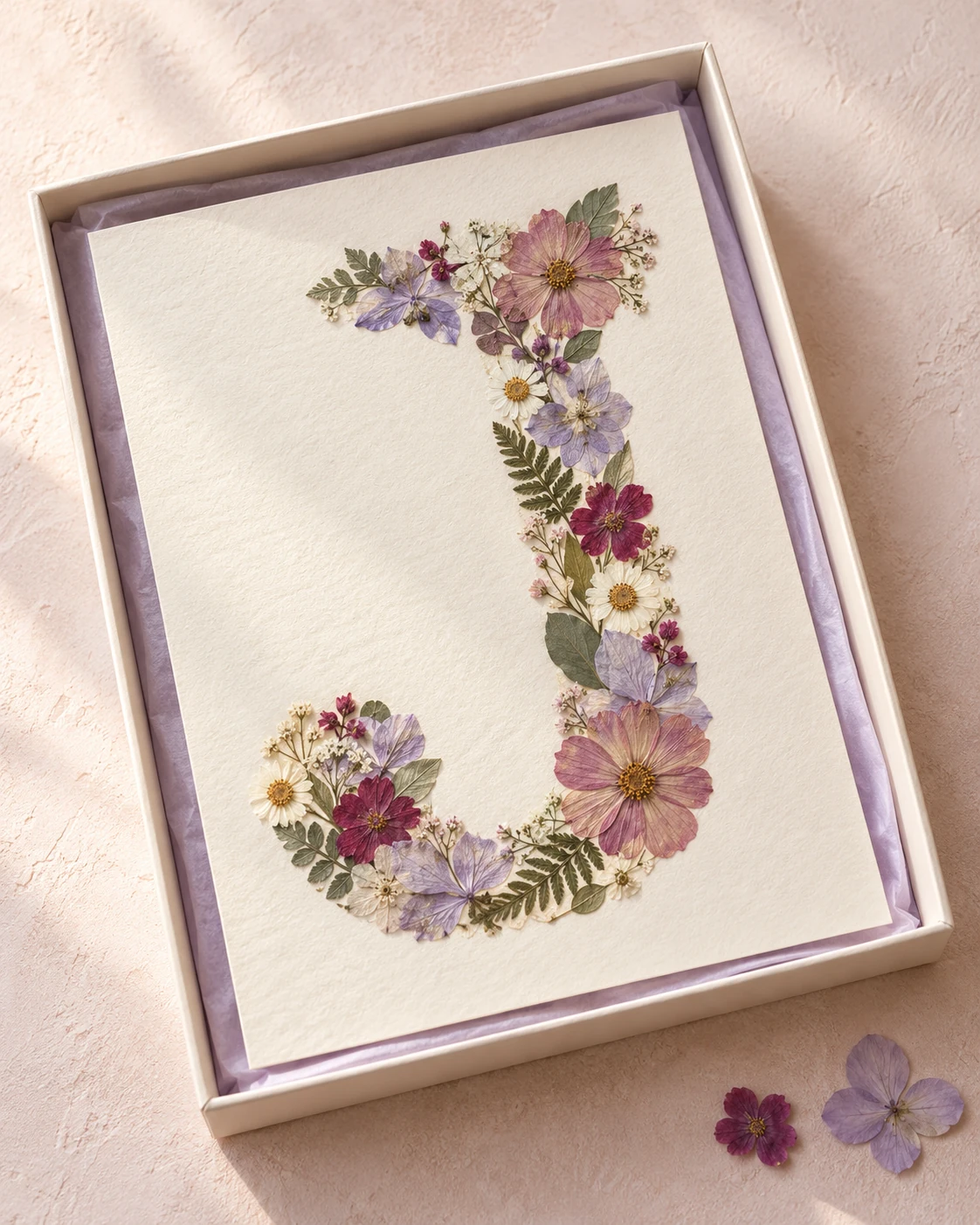 The initial J arranged from real pressed flowers in a frame
